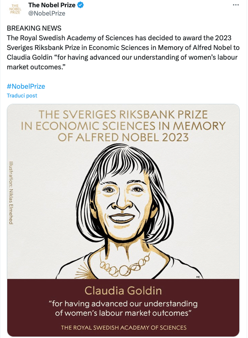 Premio Nobel per l'Economia 2023 alla statunitense Claudia Goldin Il